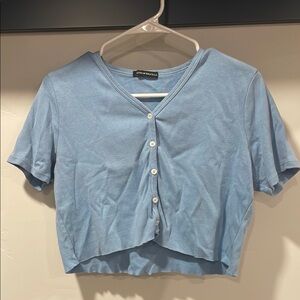 Brandy Melville Blue Short Sleeve Button Down Crop
